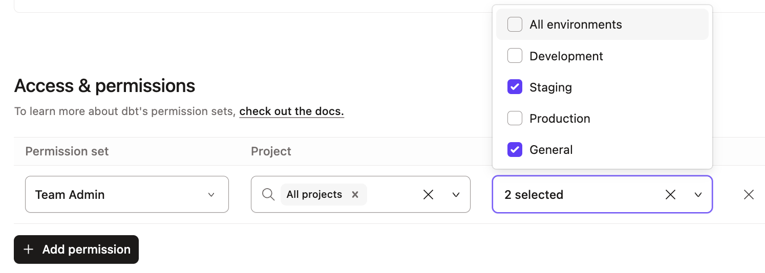 A list of available environments with the Staging and General boxes selected. A list of available environments with the Staging and General boxes selected.